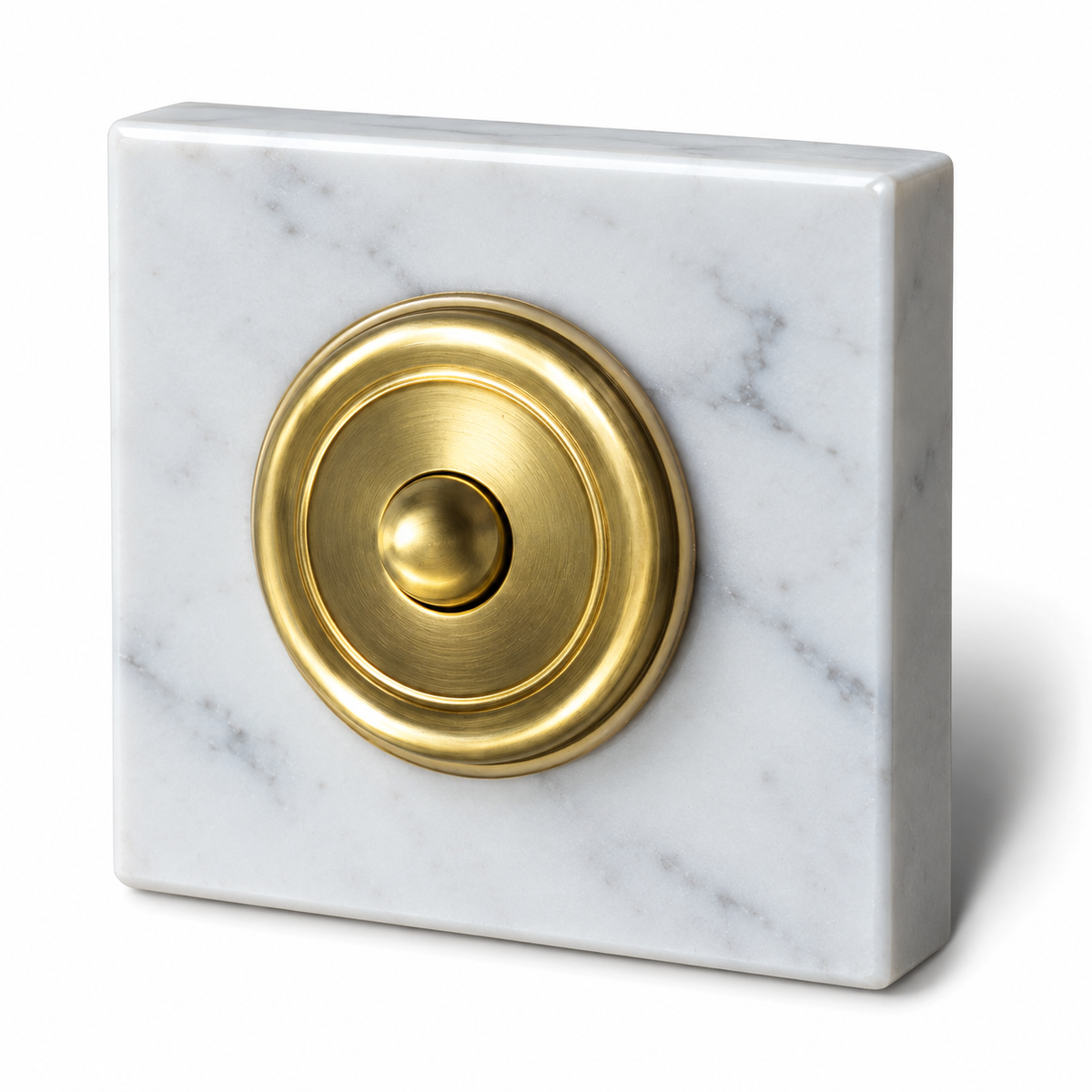 Sonnette en marbre blanc de Carrare, carré 65 × 65 mm, collerette laiton
